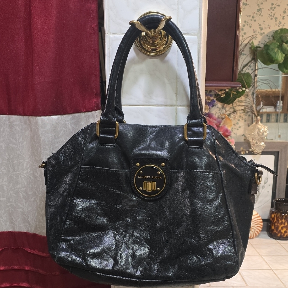 Elliott Lucca Black Leather Satchel with Gold Hardware
